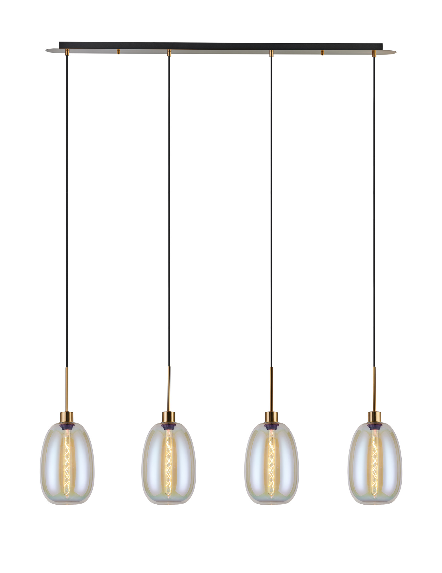 DK1221  Lori Linear Pendant, 4 Light Adjustable E27, Antique Gold/Iridescent Slim Curved Trapezium Shades